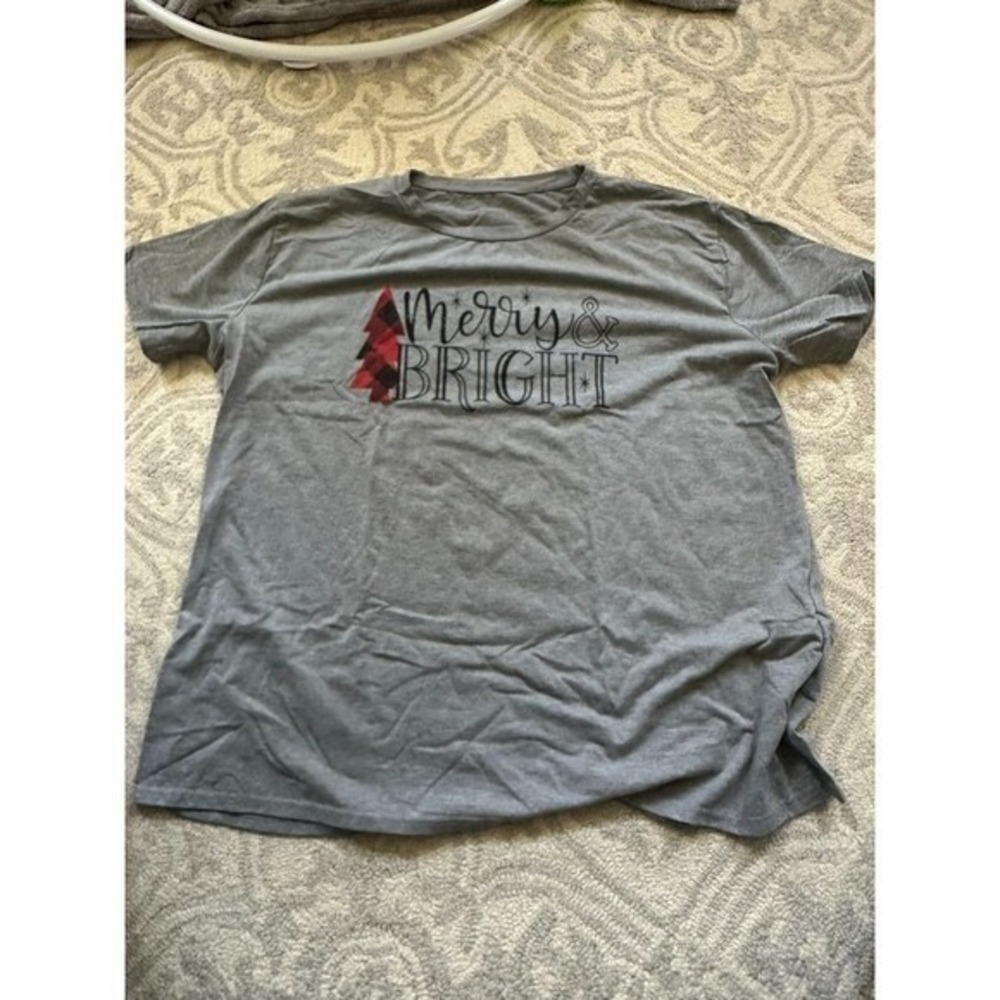 Merry & Bright Christmas T-Shirt Gray Holiday Festive Graphic Tee 3XL